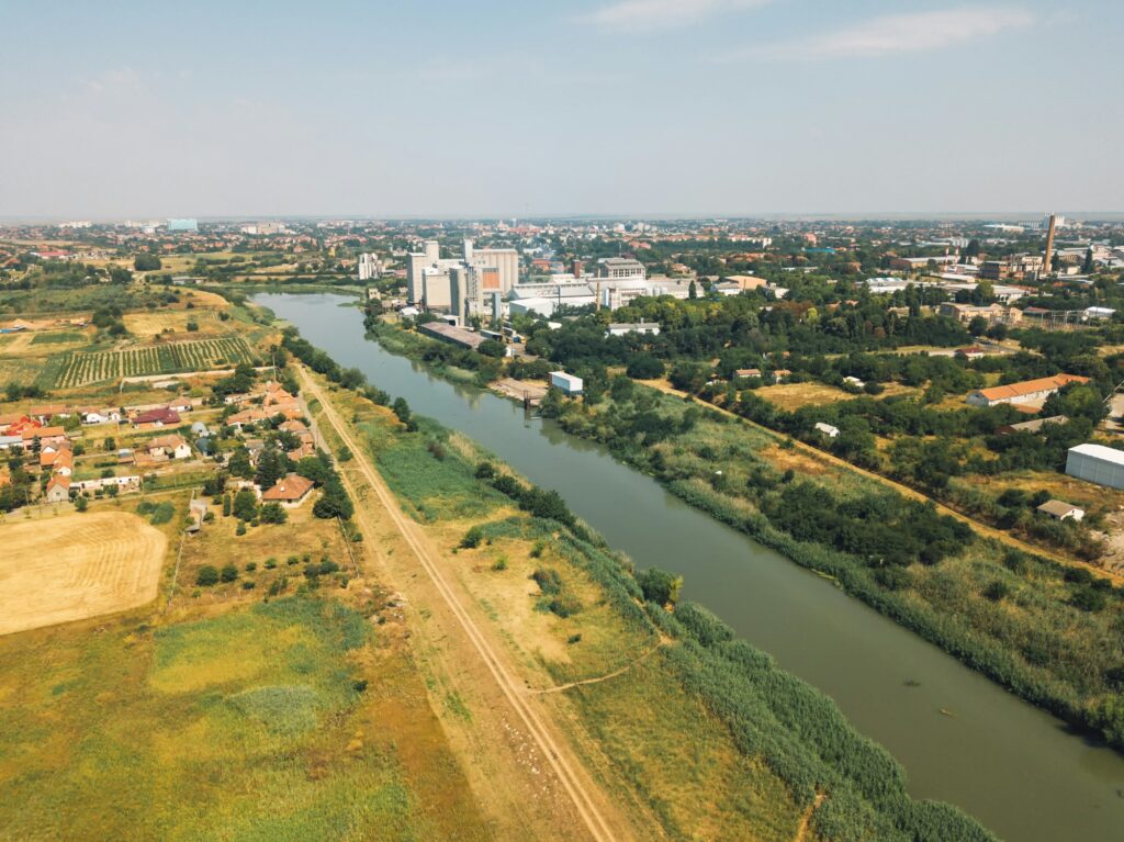 Aerial view of industrial cityscape with factory buildings, dron